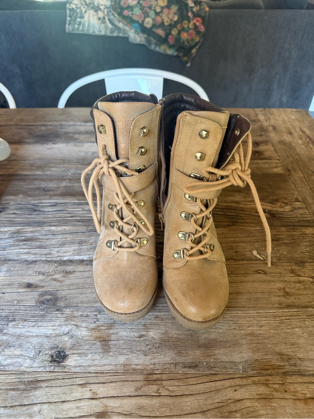 Guess Tan Suede Lace-Up Hiker Boots with Gold Hardware